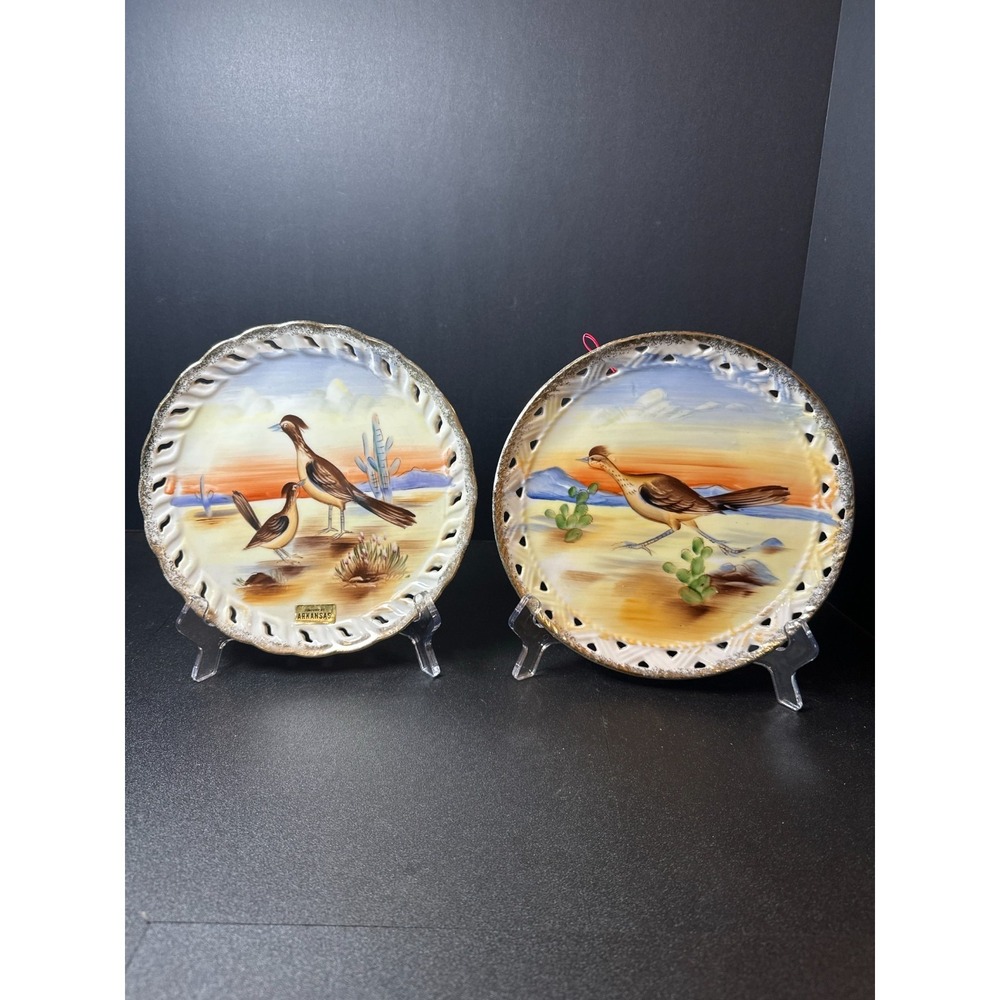 Vintage Arkansas Roadrunner 8.25" Souvenir Plates Pair Cut-Out Metallic Trim